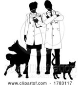 Vector Illustration of Guy and Lady Vets Dog and Cat Pets Silhouette by AtStockIllustration
