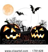 Vector Illustration of Halloween Pumpkin and Bats Graveyard Background by AtStockIllustration
