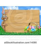 Vector Illustration of Happy Brown Easter Bunny Rabbit Pointing Around a Wood Sign Against Sky by AtStockIllustration