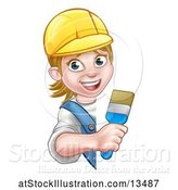 Vector Illustration of Happy Cartoon Female Painter Holding a Brush Around a Sign by AtStockIllustration