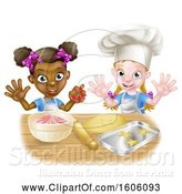 Vector Illustration of Happy Cartoon White and Black Girls Making Pink Frosting and Star Shaped Cookies by AtStockIllustration