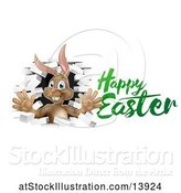 Vector Illustration of Happy Easter Greeting with a Brown Bunny Rabbit Breaking Through a White Brick Wall by AtStockIllustration