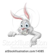 Vector Illustration of Happy White Easter Bunny Rabbit Pointing down over a Sign by AtStockIllustration
