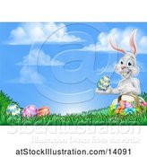 Vector Illustration of Happy White Easter Bunny Rabbit with a Basket and Eggs in Grass by AtStockIllustration