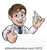 Vector Illustration of Happy White Male Scientist Giving a Thumb up and Holding a Test Tube over a Sign by AtStockIllustration