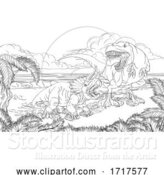 Vector Illustration of Hungry Tyrannosaurus Rex Dinosaur Attacking a Triceratops Black and White by AtStockIllustration