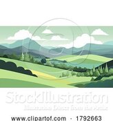 Vector Illustration of Landscape Background Hills Mountains Fields Trees by AtStockIllustration