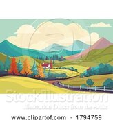 Vector Illustration of Landscape Fields Hills Farm House Background by AtStockIllustration