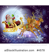 Vector Illustration of Magic Christmas Reindeer Flying Santa As He Waves over a Full Moon by AtStockIllustration