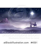 Vector Illustration of Mary and Joseph Traveling the Desert on Christmas Eve with Bethlehem in the Distance by AtStockIllustration