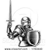 Vector Illustration of Medieval Knight Sword and Shield Vintage Woodcut by AtStockIllustration