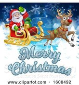 Vector Illustration of Merry Christmas Greeting with Santa Claus in a Flying Magic Sleigh with a Red Nosed Reindeer over Evergreens and Snowflakes by AtStockIllustration