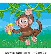 Vector Illustration of Monkey Singing on Jungle Vines with Banana by AtStockIllustration