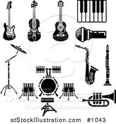 Vector Illustration of Musical Instruments and Items Including an Electric Guitar, Violin, Acoustic Guitar, Piano or Keyboard, Microphone, Saxophone, Clarinet, Drum Set and Trumpet by AtStockIllustration