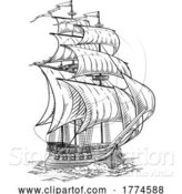 Vector Illustration of Old Vintage Ship Pirate Sail Boat Galleon Woodcut by AtStockIllustration