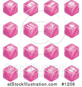 Vector Illustration of Pink Cube Icons: Tickets, Camera, Bed, Hotel, Bus, Restaurant, Moon, Tree, Building, Shopping Bags, Shopping Cart, Bike, Wine Glasses, Luggage, Train Tracks, Road, and Restrooms by AtStockIllustration