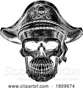 Vector Illustration of Pirate Skull Skeleton Grim Reaper Mascot Woodcut by AtStockIllustration
