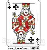 Vector Illustration of Playing Card Queen of Clubs Red Yellow and Black by AtStockIllustration