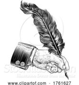 Vector Illustration of Quill Feather Ink Pen Hand Suit Vintage Woodcut by AtStockIllustration