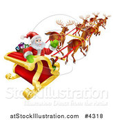 Vector Illustration of Santa Claus Looking Back and Waving While Flying in His Magic Reindeer Sleigh by AtStockIllustration