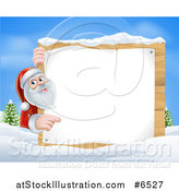 Vector Illustration of Santa Claus Pointing Around a Blank Christmas Sign in the Snow During the Day by AtStockIllustration