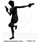 Vector Illustration of Silhouette Lady Female Movie Action Hero with Gun by AtStockIllustration