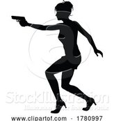 Vector Illustration of Silhouette Lady Female Movie Action Hero with Gun by AtStockIllustration