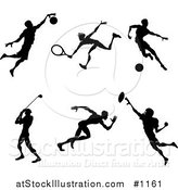 Vector Illustration of Silhouetted Athletes Playing Basketball, Tennis, Soccer, Golf, Running and American Football by AtStockIllustration