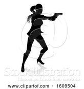 Vector Illustration of Silhouetted Femme Fatale Shooting, with a Reflection or Shadow, on a White Background by AtStockIllustration