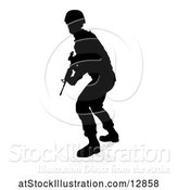 Vector Illustration of Silhouetted Male Armed Soldier, with a Reflection or Shadow, on a White Background by AtStockIllustration