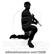 Vector Illustration of Silhouetted Male Armed Soldier, with a Reflection or Shadow, on a White Background by AtStockIllustration