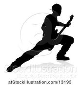 Vector Illustration of Silhouetted Male Guitarist, with a Reflection or Shadow, on a White Background by AtStockIllustration