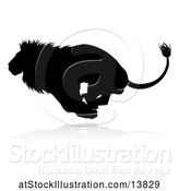 Vector Illustration of Silhouetted Male Lion Running, with a Reflection or Shadow by AtStockIllustration