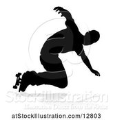 Vector Illustration of Silhouetted Male Skateboarder with a Reflection or Shadow, on a White Background by AtStockIllustration