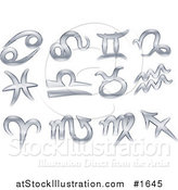 Vector Illustration of Twelve Shiny Silver Libra, Gemini, Sagittarius, Capricorn, Virgo, Aquarius, Aries, Scorpio, Cancer, Taurus, Pisces, and Leo Zodiac Astrology Symbols by AtStockIllustration