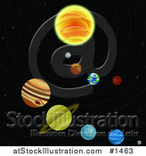 Vector Illustration of Various Colorful Planets Circling Around a Sun in a Solar System in Outer Space by AtStockIllustration