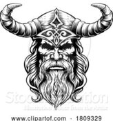 Vector Illustration of Viking Warrior Guy Strong Mascot Face in Helmet by AtStockIllustration