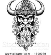 Vector Illustration of Viking Warrior Guy Strong Mascot Face in Helmet by AtStockIllustration