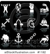 Vector Illustration of Weightlifter, Man Holding Globe, Hand, Muscles, Weights, Helmet, Elephant, Anchor, Deer, and Links on a Black Background by AtStockIllustration