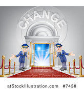 Vector Illustration of Welcoming Door Men at an Entry with a Red Carpet and Posts Under Change Text by AtStockIllustration