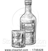 Vector Illustration of Whisky Bottle and Glass Drink Engraving Etching by AtStockIllustration