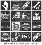 Vector Illustration of White Automotive Icons over a Black Background, Including a Car Key, Engine, Money, Tools, Documents, Classifieds, Car Dealer, Vehicles, Log, Car Lot, Lemon, and Handshake by AtStockIllustration