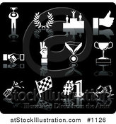 Vector Illustration of White Champion, Laurel, Winner, Thumbs Up, Handshake, Peace Gesture, Medal, Trophy, Champagne, Flag, Number 1 and Toasting Wine Glasses Sports Icons on a Black Background by AtStockIllustration