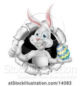 Vector Illustration of White Easter Bunny Rabbit Giving a Thumb up and Holding an Egg While Emerging from a Hole by AtStockIllustration