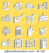 Vector Illustration of White Hand and Globe, News, Film Reel, Connectivity, Check, Shopping Cart, Video Game Controller, Reminder, Cables, Calendar, Charts, and Door Icons over a Yellow Background by AtStockIllustration