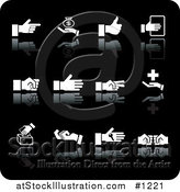 Vector Illustration of White Pointing, Money, Thumbs Up, Fist, Medical, Voting, Key and Other Hand Gestures on a Black Background by AtStockIllustration