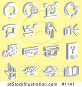 Vector Illustration of White Refresh Arrows, Magnifying Glass and Globe, Alarm, Phone and Globe, Phone and Computer, Shopping Cart, Pointing, Speakers, Fire, Cd, Camera, Eye, and Book, over Yellow Background by AtStockIllustration