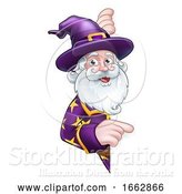 Vector Illustration of Wizard Peeking Round Sign Pointing by AtStockIllustration