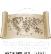 Vector Illustration of World Map Drawing Old Woodcut Engraved Scroll by AtStockIllustration