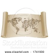 Vector Illustration of World Map Drawing Old Woodcut Engraved Scroll by AtStockIllustration